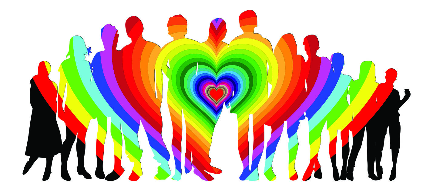 Illustrated silhouette of a large family, with an expanding rainbow heart pattern over the silhouette